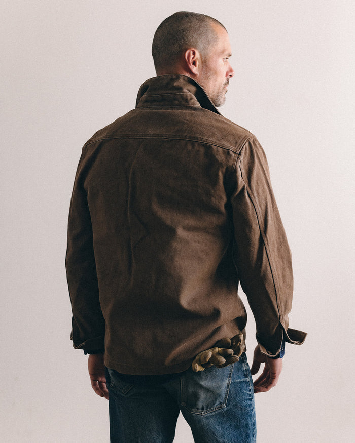 fit model showing details on The Shop Shirt in Aged Penny Chipped Canvas