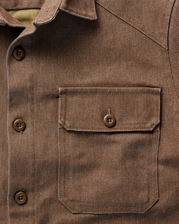 material shot of the collar on The Shop Shirt in Aged Penny Chipped Canvas