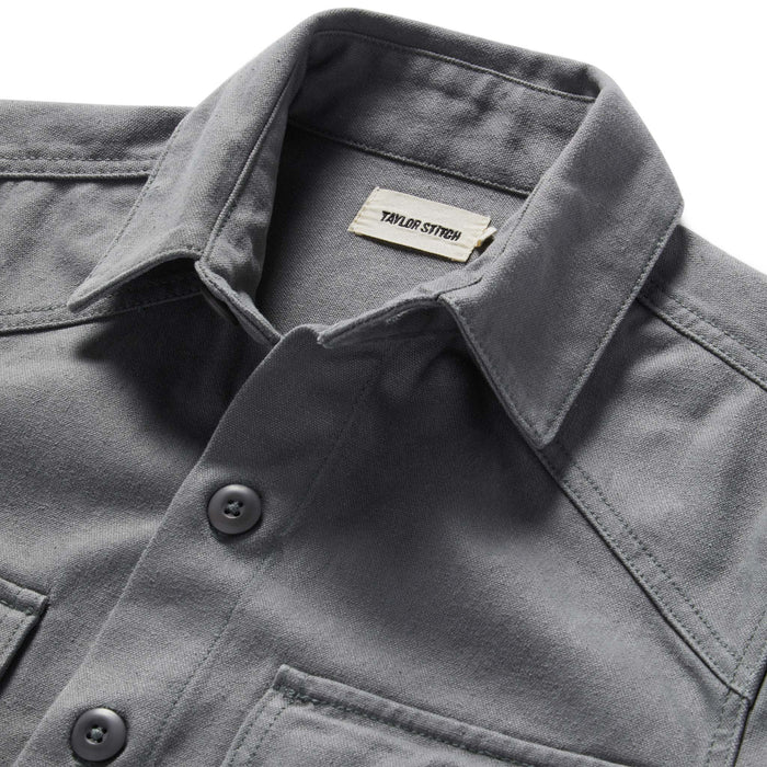 material shot of the collar and buttons of The Shop Shirt in Gravel Boss Duck