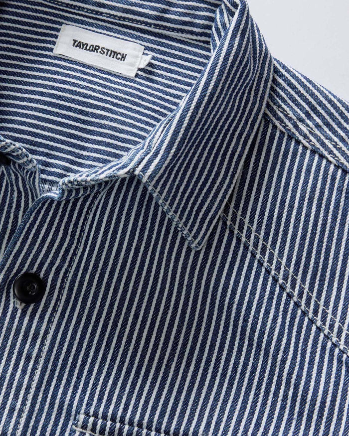 material shot of the collar on The Shop Shirt in Rinsed Indigo Selvedge