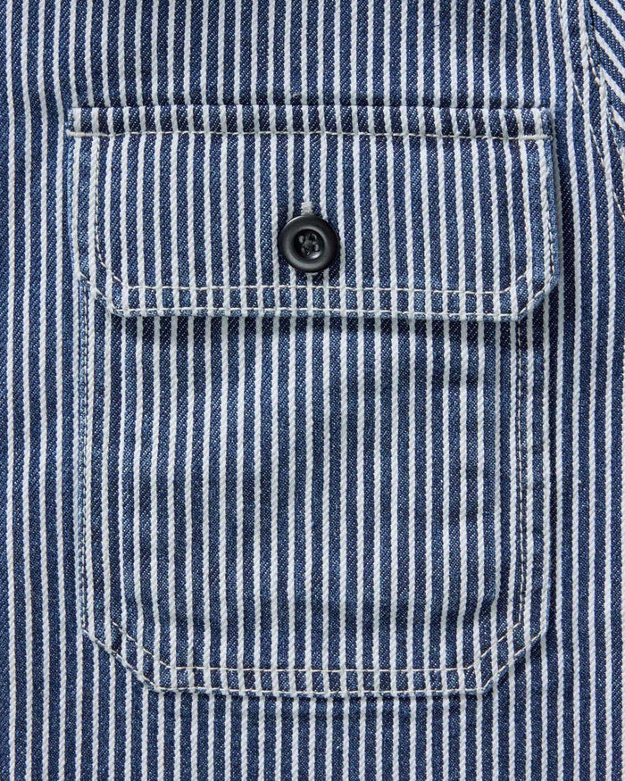 material shot of the pocket on The Shop Shirt in Rinsed Indigo Selvedge