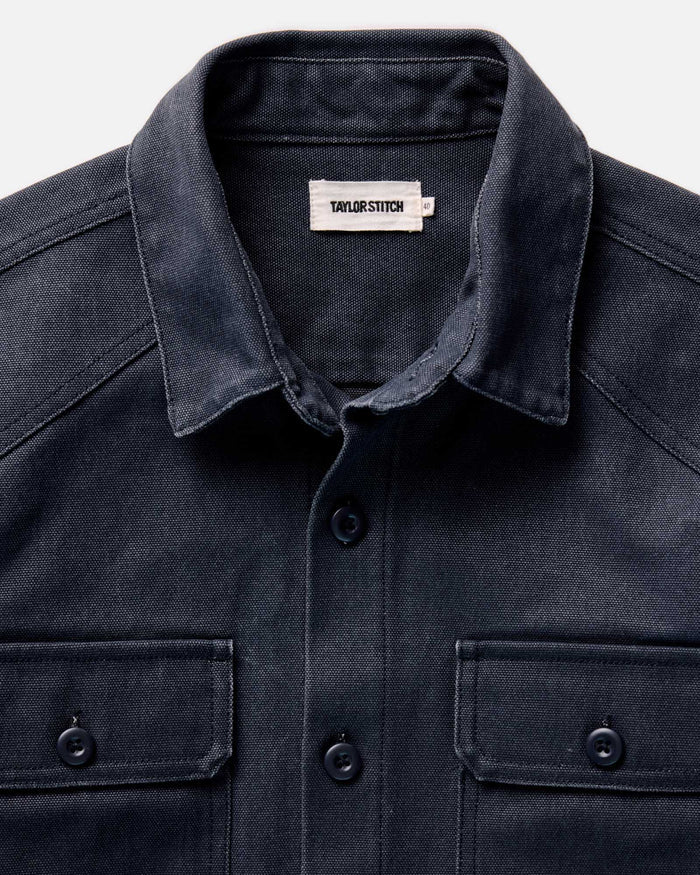 material shot of the collar on The Shop Shirt in Navy Chipped Canvas