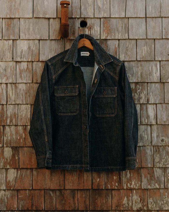 editorial image of The Shop Shirt in Rinsed Indigo Selvedge hanging