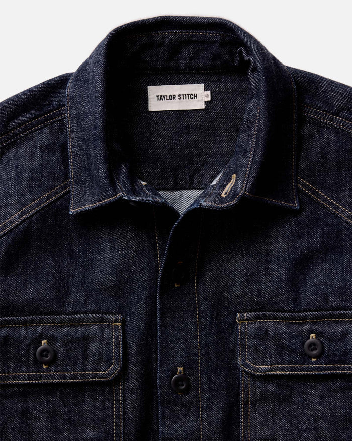 material shot of the collar on The Shop Shirt in Rinsed Indigo Selvedge
