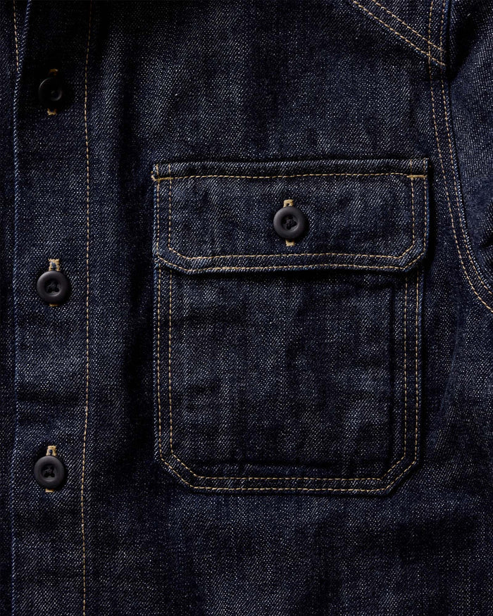 material shot of the pockets on The Shop Shirt in Rinsed Indigo Selvedge
