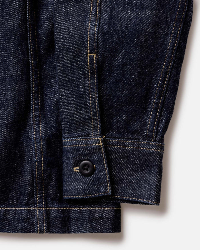 material shot of the cuff on The Shop Shirt in Rinsed Indigo Selvedge