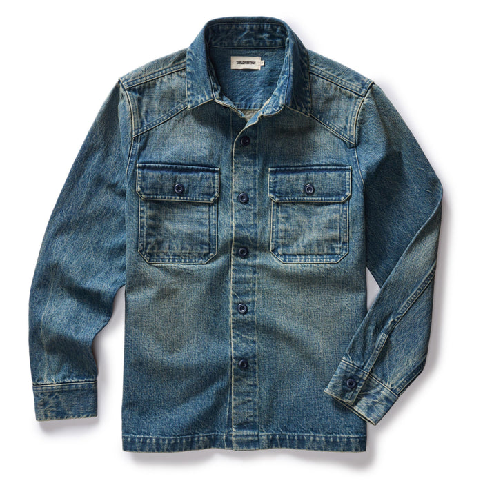 flatlay of The Shop Shirt in Sawyer Wash Selvage Denim, in full
