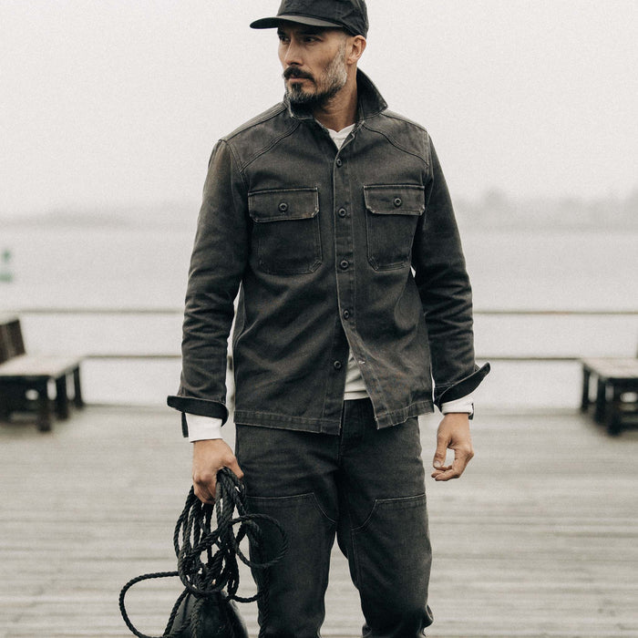 fit model walking in The Shop Shirt in Soil Chipped Canvas