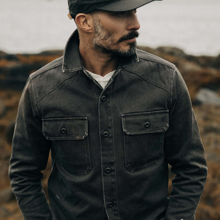 fit model showing off pocket detailing on The Shop Shirt in Soil Chipped Canvas