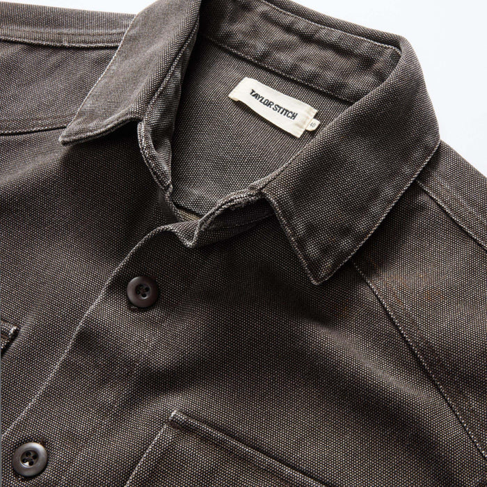 material shot of the collar on The Shop Shirt in Soil Chipped Canvas