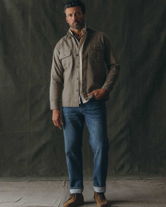 fit model posing in The Shop Shirt in Stone Chipped Canvas