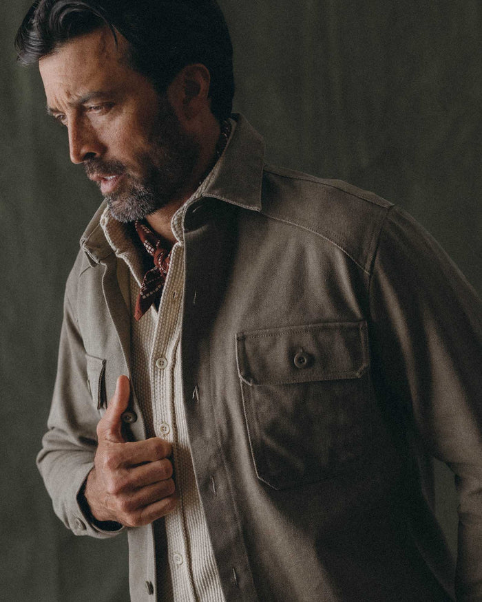 fit model showing off the details on The Shop Shirt in Stone Chipped Canvas