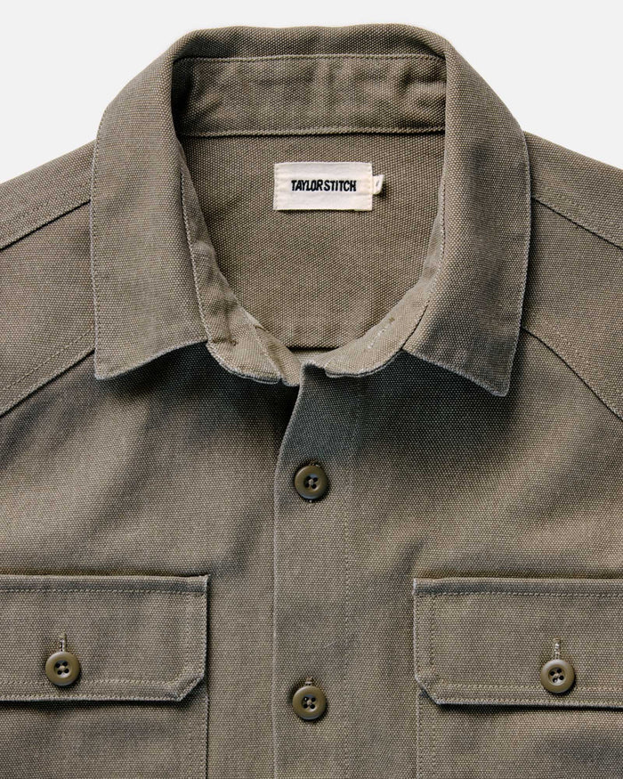 flatlay of the The Shop Shirt in Stone Chipped Canvas open