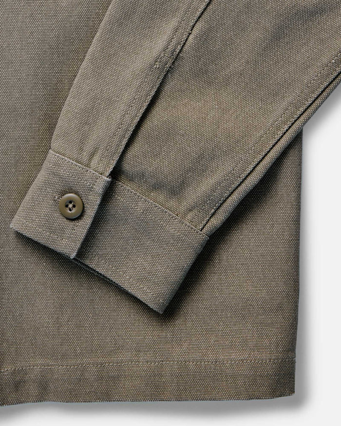 material shot of the collar on The Shop Shirt in Stone Chipped Canvas