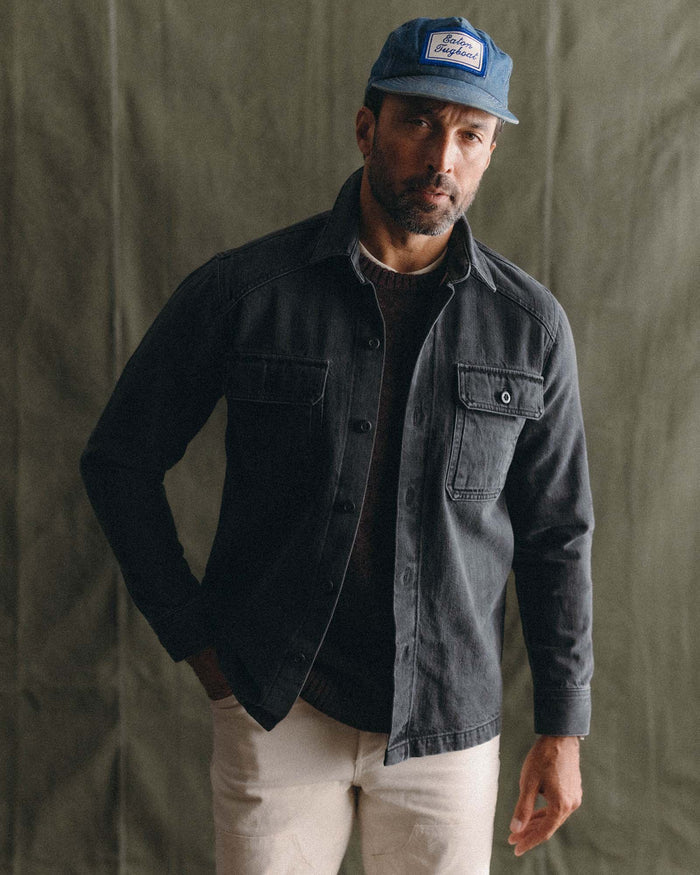 fit model posing in The Shop Shirt in Washed Black Organic Slub Selvedge