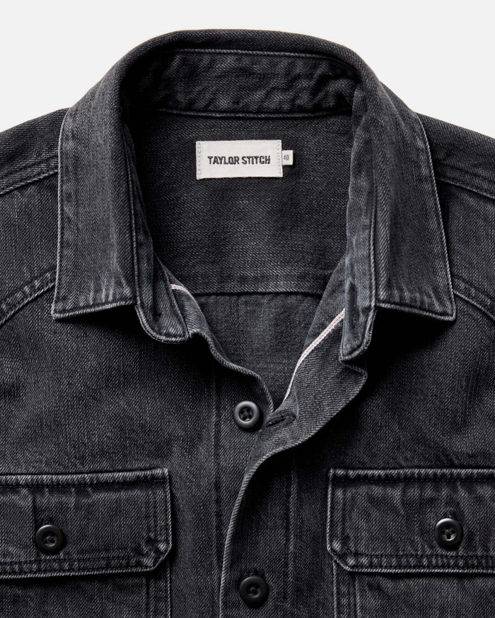 material shot of the collar on The Shop Shirt in Washed Black Organic Slub Selvedge