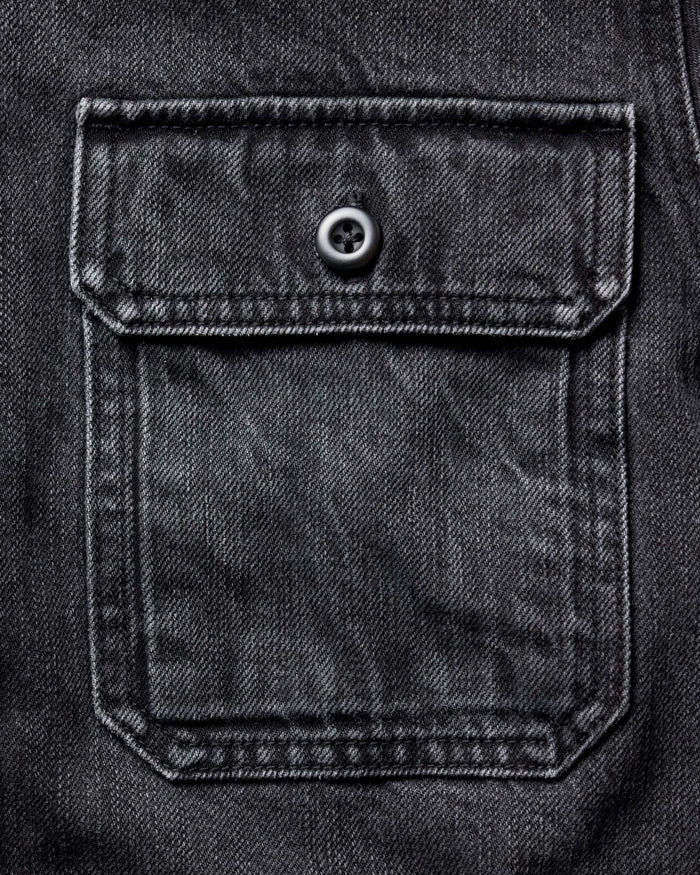 material shot of the pocket on The Shop Shirt in Washed Black Organic Slub Selvedge