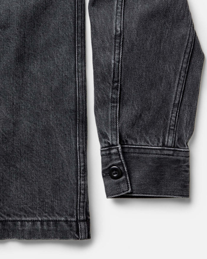 material shot of the sleeves on The Shop Shirt in Washed Black Organic Slub Selvedge