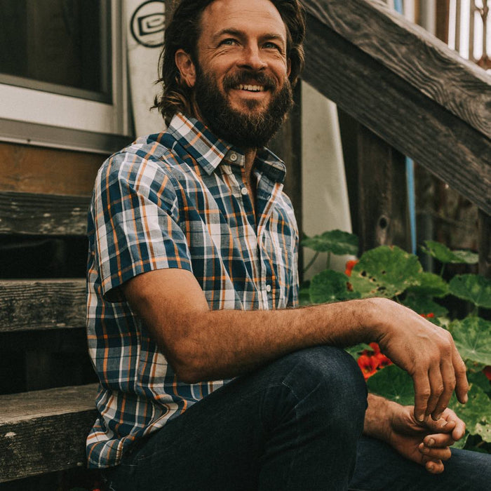 Our fit model in The Short Sleeve California in Blue Madras at a BBQ.