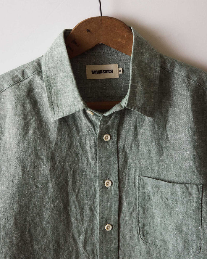 editorial image of The Short Sleeve California in Cilantro Hemp hanging