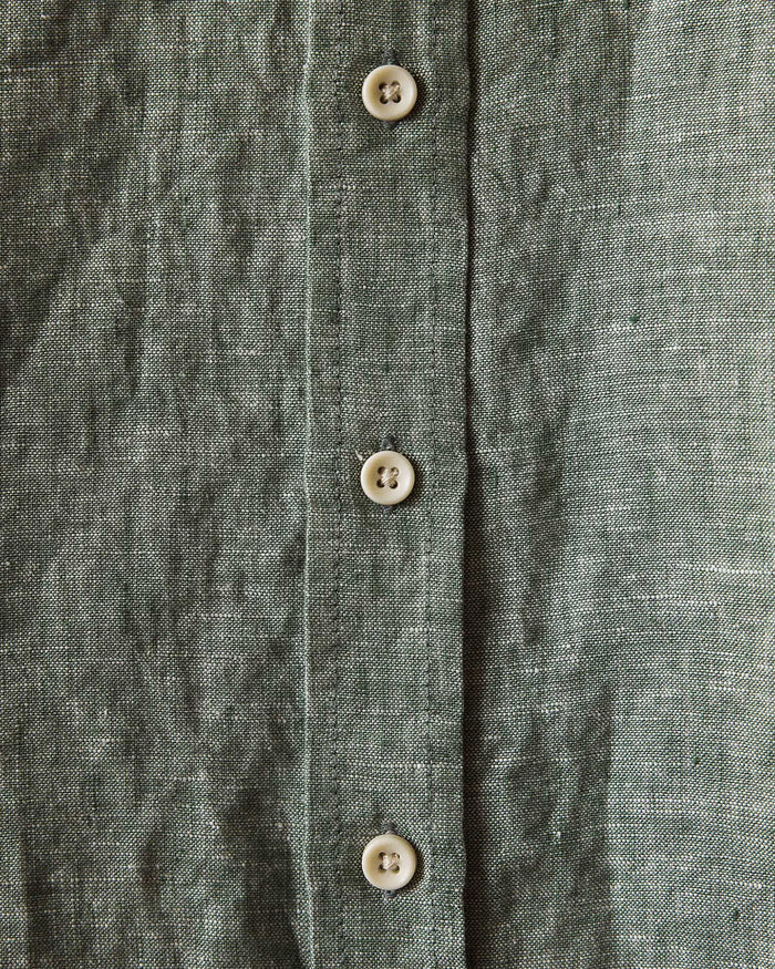 material shot of the buttons on The Short Sleeve California in Cilantro Hemp