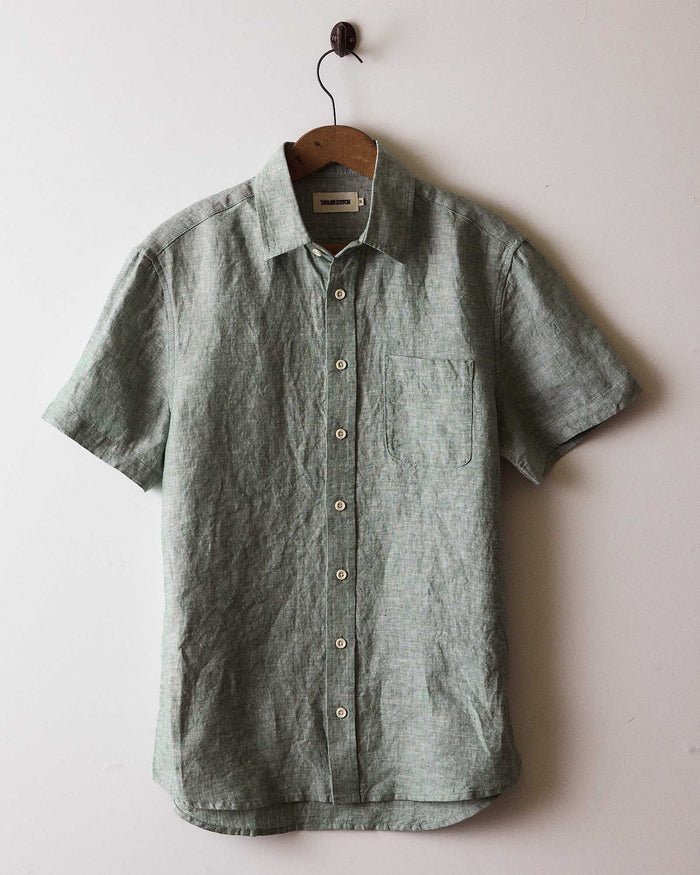 editorial image of The Short Sleeve California in Cilantro Hemp hanging