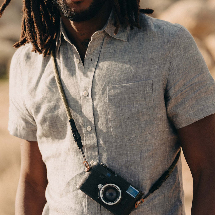 fit model showing off the texture on The Short Sleeve California in Faded Navy Hemp