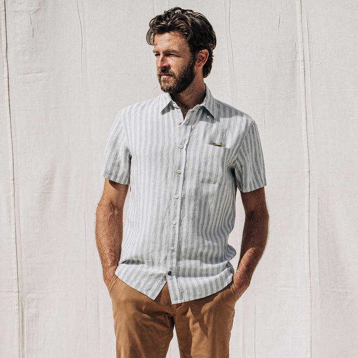 our fit model wearing The Short Sleeve California in Grey Stripe