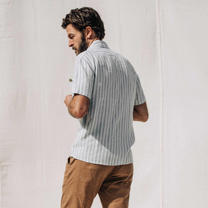 our fit model wearing The Short Sleeve California in Grey Stripe