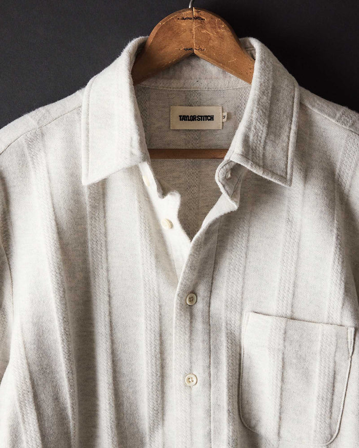 material shot of the collar on The Short Sleeve California in Heather Ash Pointelle Stripe