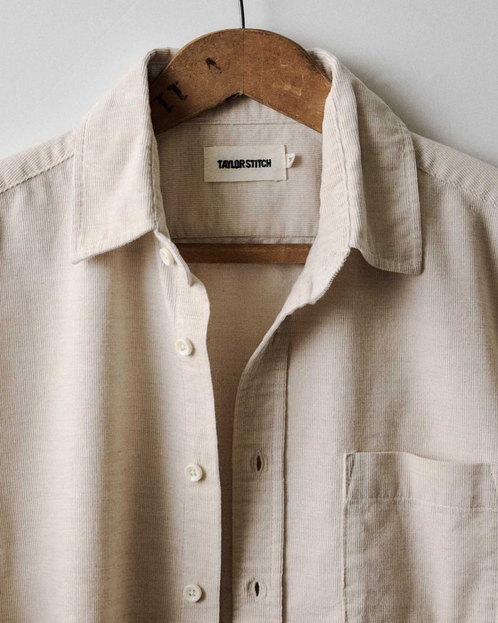 editorial image of The Short Sleeve California in Heather Oat Cord hanging