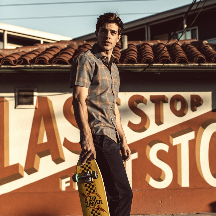 Fit model in The Short Sleeve California in Melange Plaid.