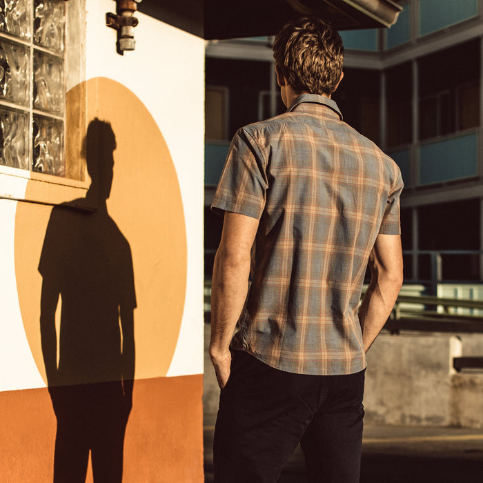 Fit model in The Short Sleeve California in Melange Plaid.