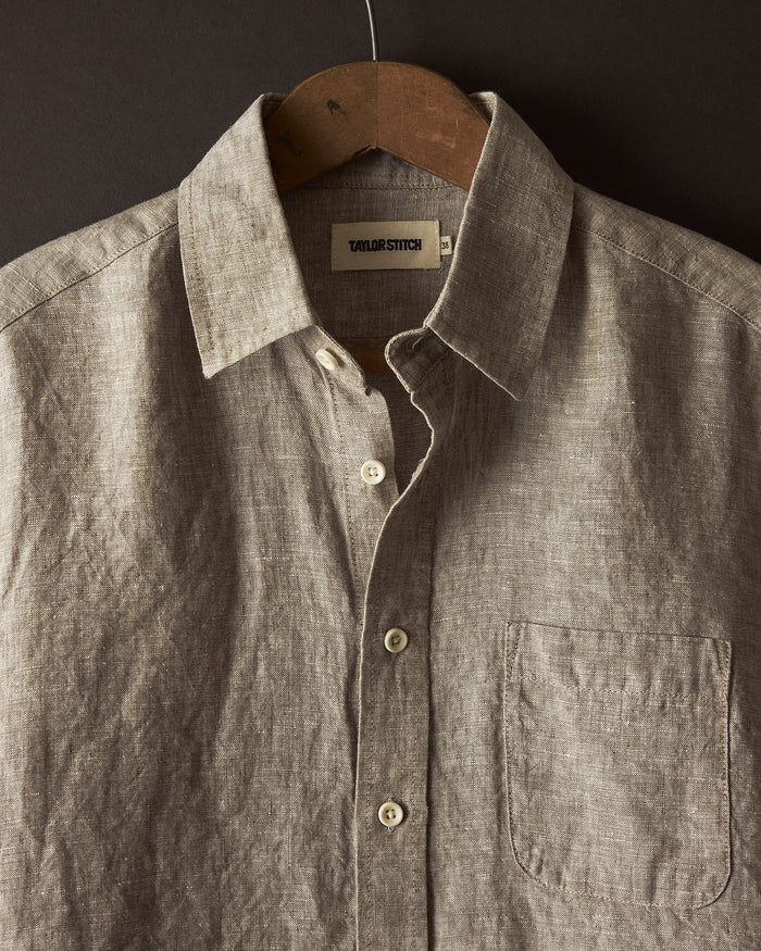editorial image of The Short Sleeve California in Morel Hemp hanging
