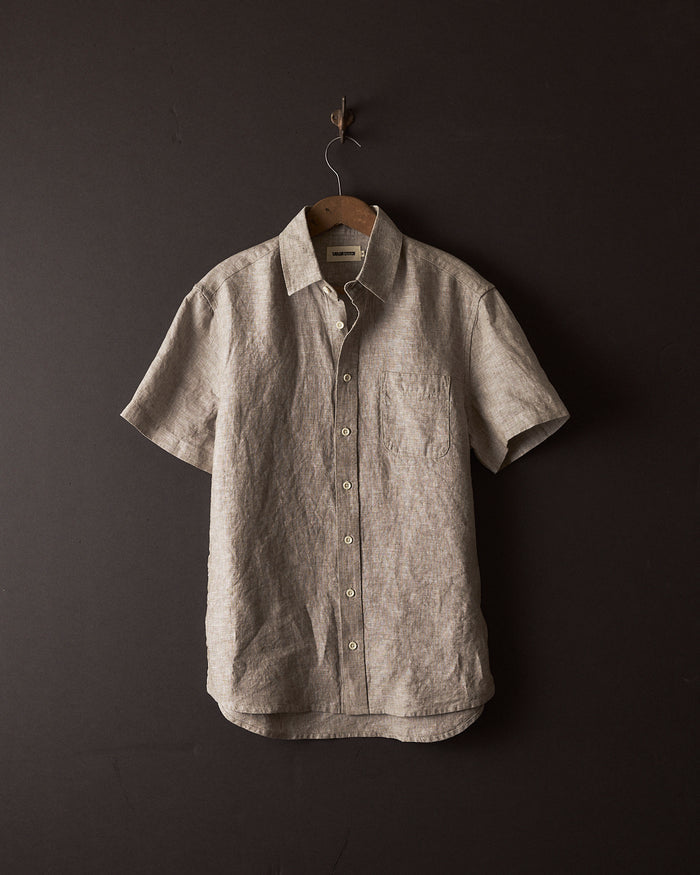 editorial image of The Short Sleeve California in Morel Hemp hanging