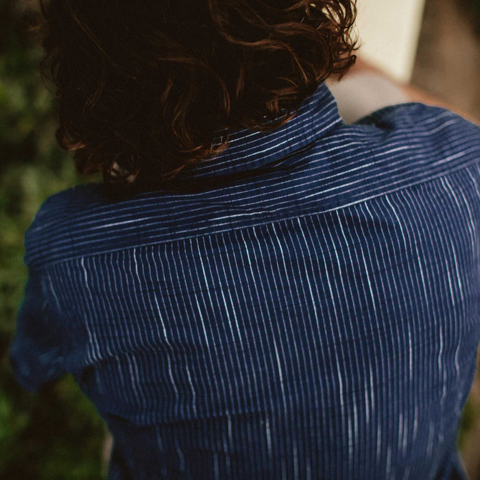 The Short Sleeve California in Navy Slub Stripe