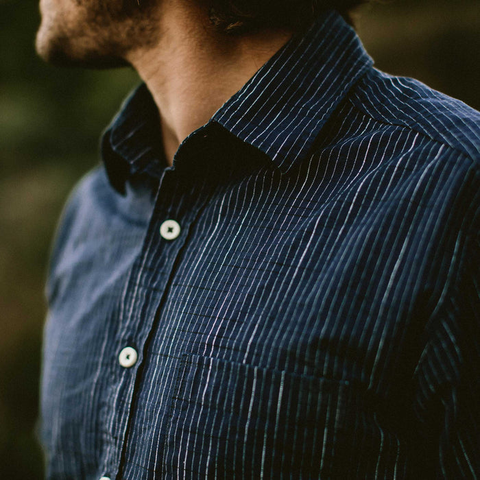 The Short Sleeve California in Navy Slub Stripe