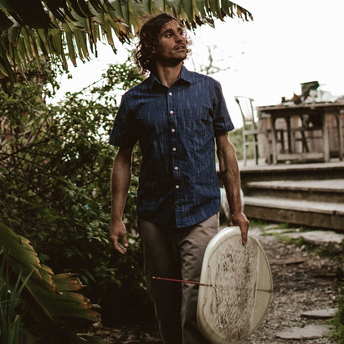 The Short Sleeve California in Navy Slub Stripe