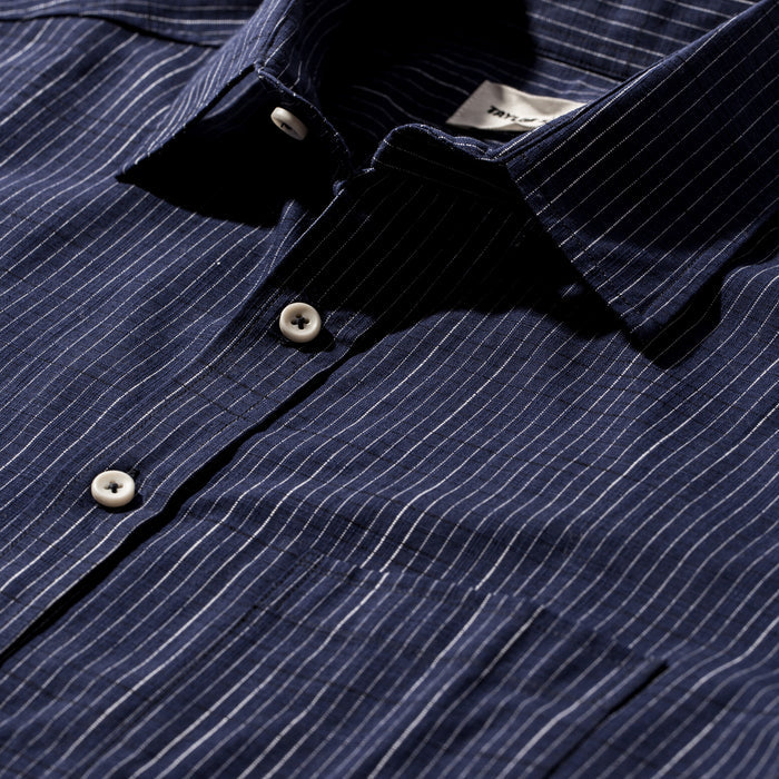 The Short Sleeve California in Navy Slub Stripe