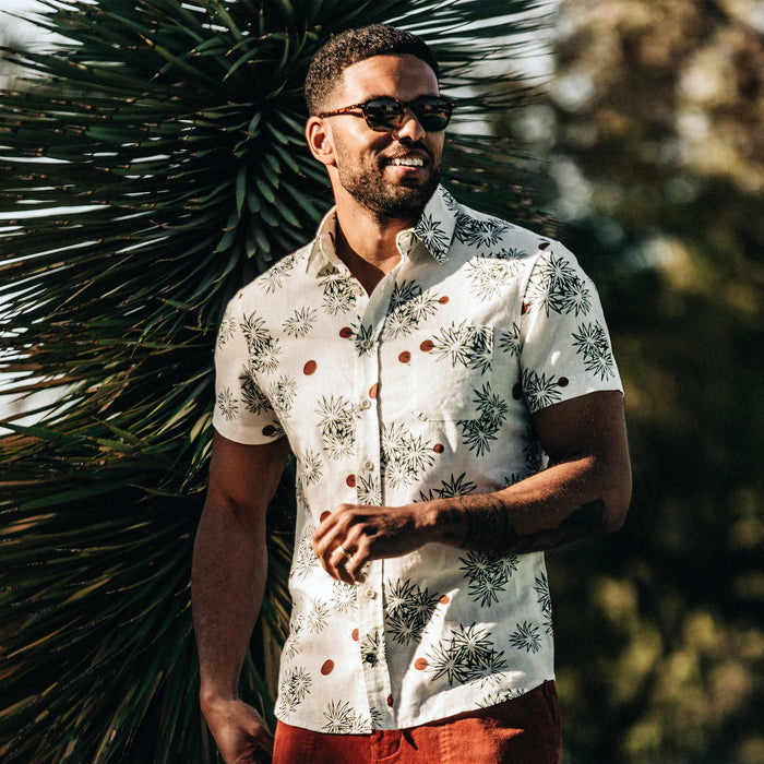 our fit model wearing The Short Sleeve California in Palms
