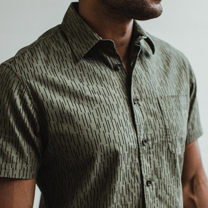 Our fit model wearing the Short Sleeve California in Rain Drop Camo in San Francisco.