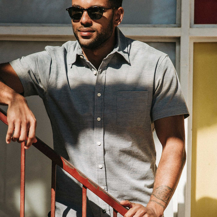 our fit model wearing The Short Sleeve California in Slate Cord