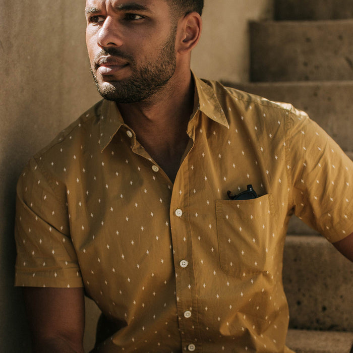 our fit model wearing The Short Sleeve California in Southwestern Star