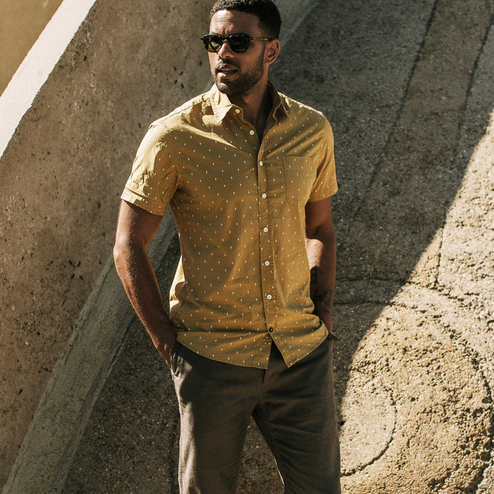 our fit model wearing The Short Sleeve California in Southwestern Star