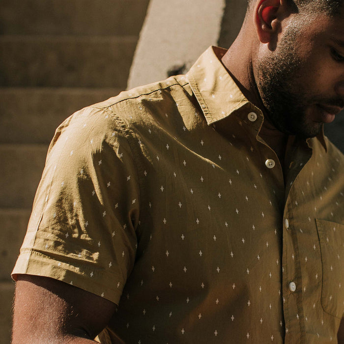 our fit model wearing The Short Sleeve California in Southwestern Star