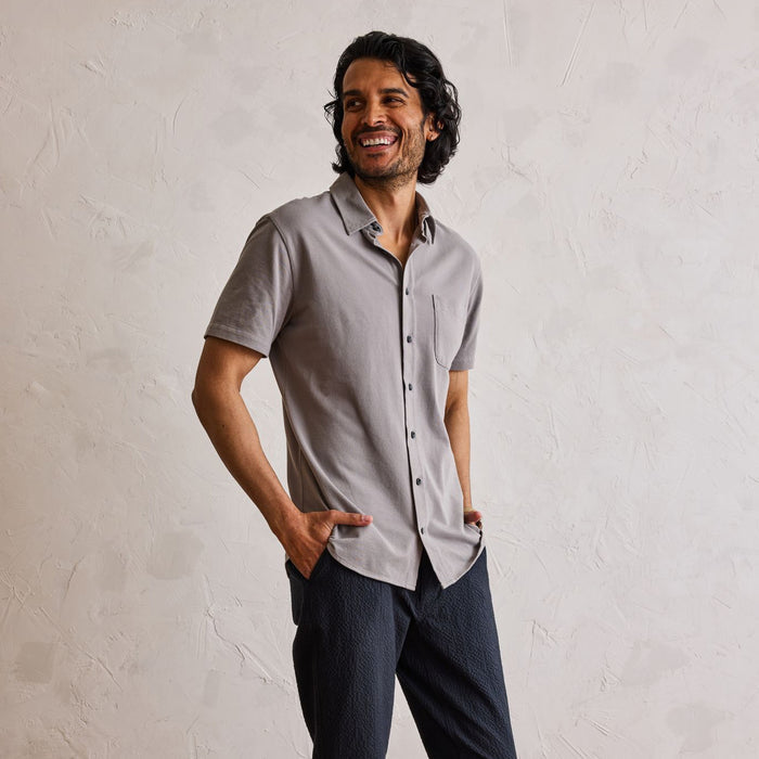fit model in The Short Sleeve California in Steeple Grey Pique