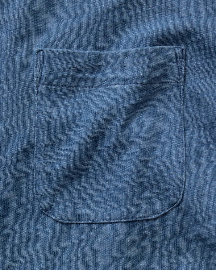 editorial image of the collar on The Short Sleeve California in Washed Indigo Slub