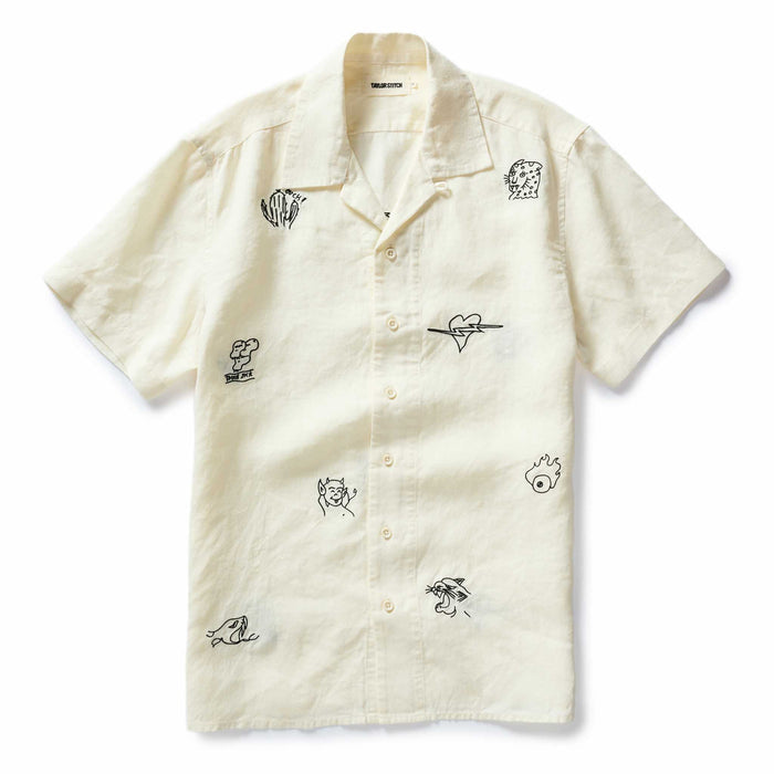 flatlay of The Short Sleeve Davis Shirt in Embroidered Natural