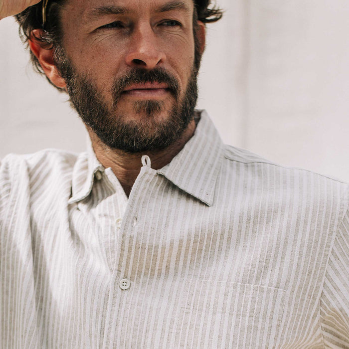 our fit model wearing The Short Sleeve Hawthorne in Natural Stripe