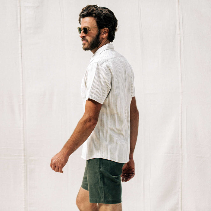 our fit model wearing The Short Sleeve Hawthorne in Natural Stripe